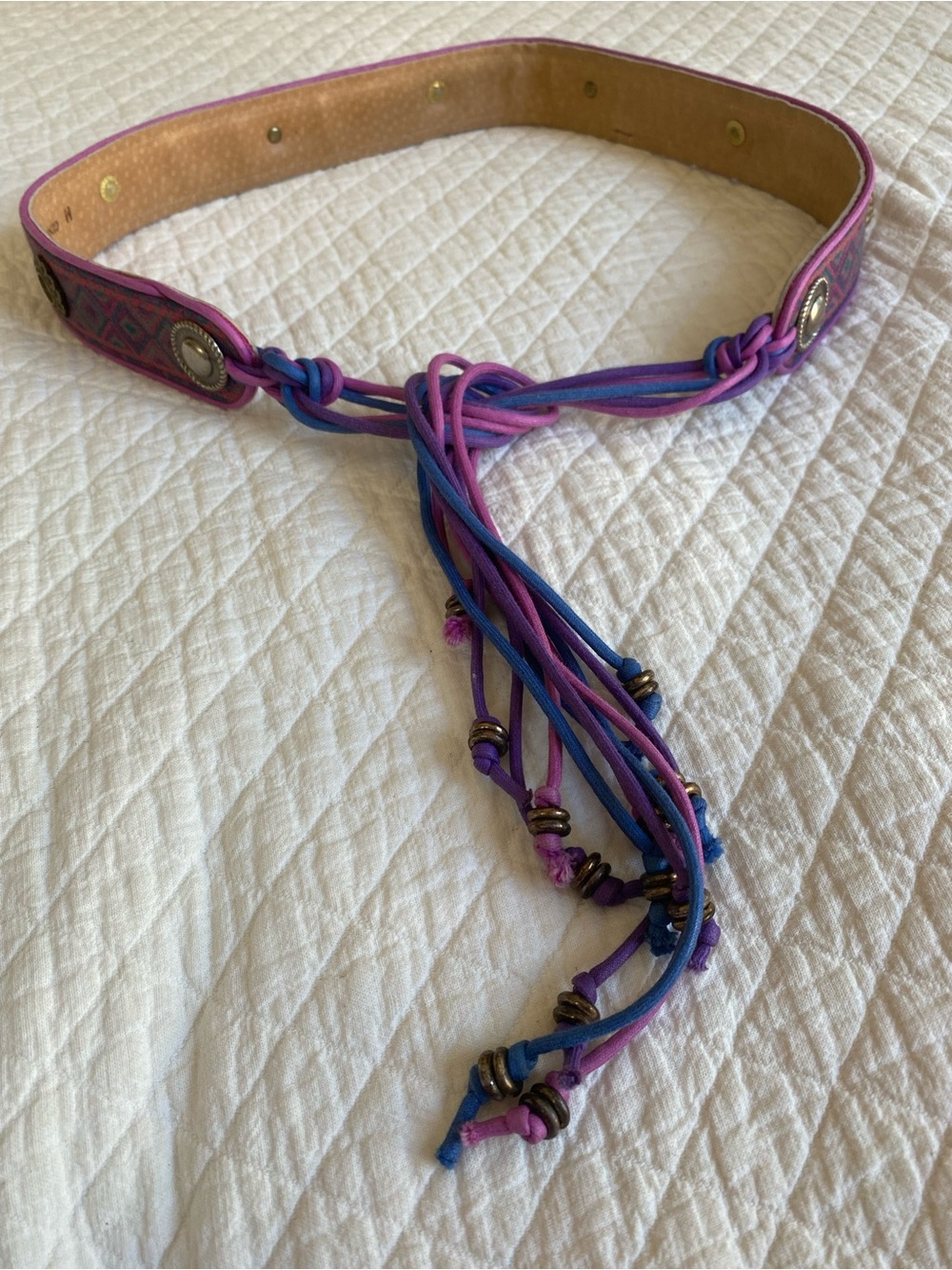 Boho Concho Purple Blue Woven Tapestry Belt Tassels Bead VTG Festival Western M - Picture 6 of 16